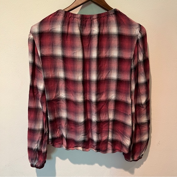 Cloth and Stone for Anthro Glacier Plaid Blouse Balloon Sleeve Elastic Hem - Picture 5 of 9